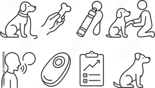 Dog training outline icons set – canine, obedience, pet care symbols in linear style