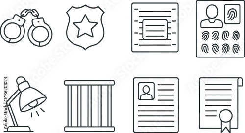 Criminal justice linear icons set – silhouette, law enforcement and legal symbols