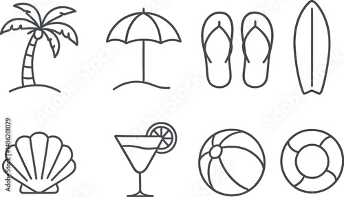 Beach essentials silhouette icons set – summer, vacation, beach theme symbols
