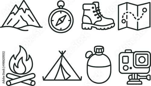 Outdoor adventure linear icons set – camping, hiking and exploration symbols
