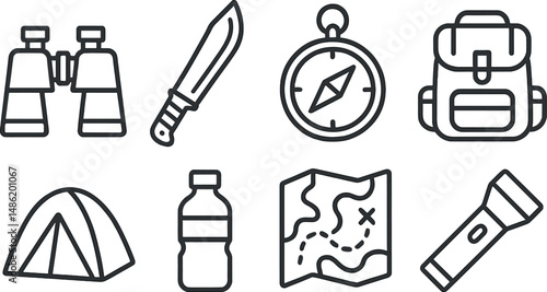 Jungle adventure gear outline icons set – camping, hiking and exploration essentials