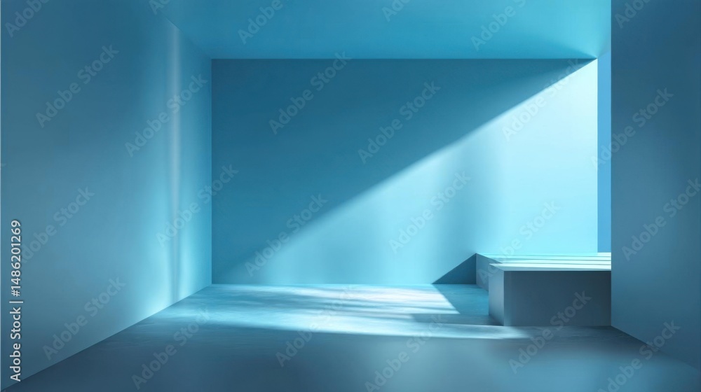 Fototapeta premium Panoramic abstract blue background with sunlight and blurred wall shadows, winter theme.