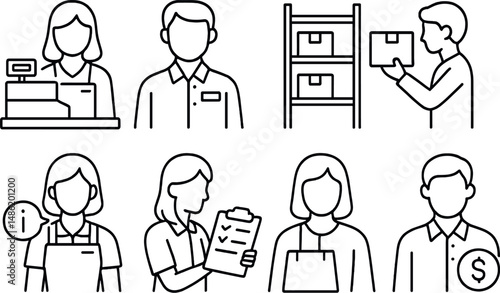 Retail job icons set in outline style – workplace, commerce and employee visuals