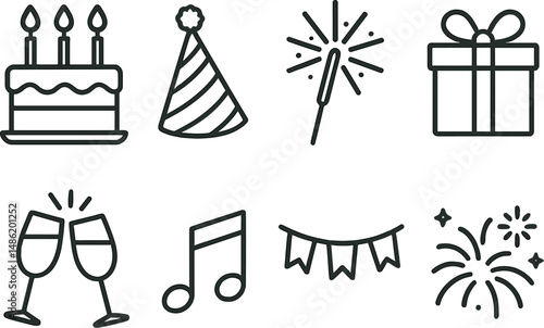 Birthday bash outline icons set – celebration, party and festive symbols