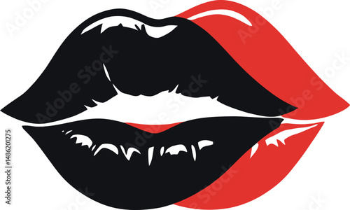 Black and red vector illustration of two overlapping stylized lips, with the black lips positioned slightly above the red lips, creating a bold visual contrast that symbolizes passion, romance