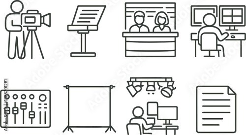 Newsroom equipment line icons set – outline, simple media production symbols
