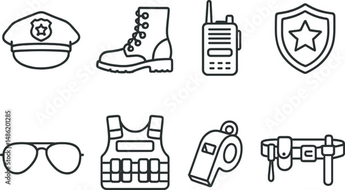 Police gear outline icons set – silhouette, law enforcement and security symbols