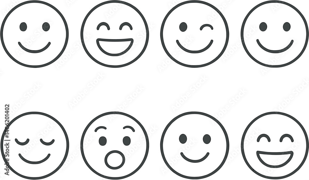 Joyful facial expressions icons set – outline, emotions and smiley face symbols Joyful facial expressions icons set – outline, emotions and smiley face symbols