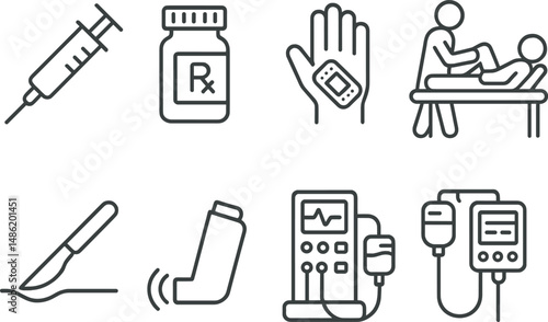 Medical treatment outline icons set – healthcare, therapy and recovery symbols