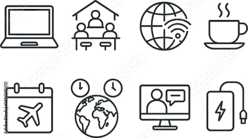 Remote work outline icons set – digital nomad, telecommute essentials symbols