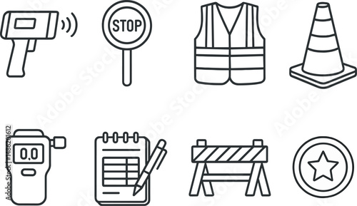 Traffic police equipment silhouette icons set – safety, enforcement, road control symbols