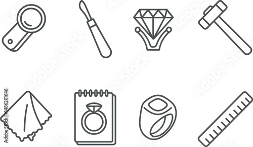 Jewelry design tools outline icons set – linear crafting symbols for jewelers