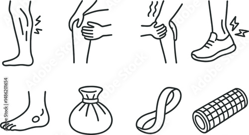 Running and recovery silhouette icons set – fitness, wellness, rehabilitation symbols