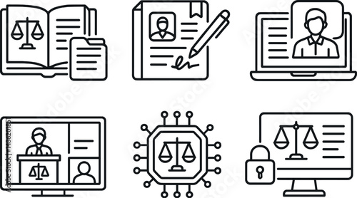 Justice and legal silhouette icons set – court, digital law and legal symbols