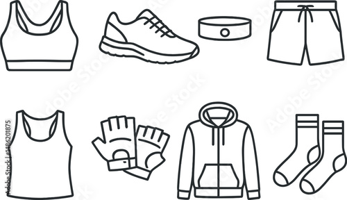 Fitness apparel outline icons set – gym wear, workout clothing, and sports gear symbols