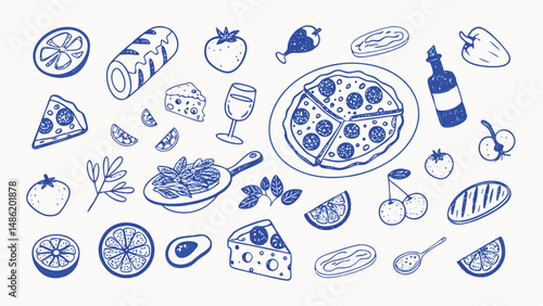 Hand drawn Italian Food Illustrations A charming collection of summer vacation themed culinary sketches