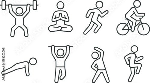 Fitness activity silhouette icons set – simple exercise and workout symbols