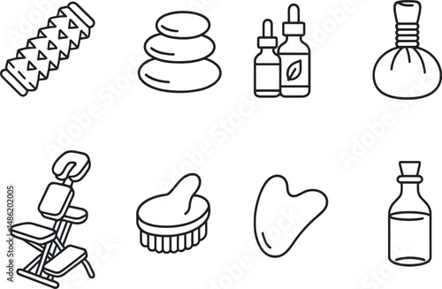 Massage therapy essentials icons set – silhouette, relaxation and wellness symbols