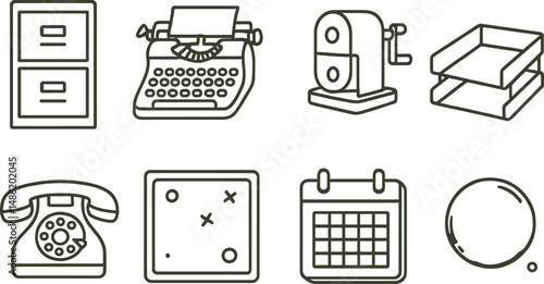 Retro office linear icons set – outline, vintage workspace and desk elements
