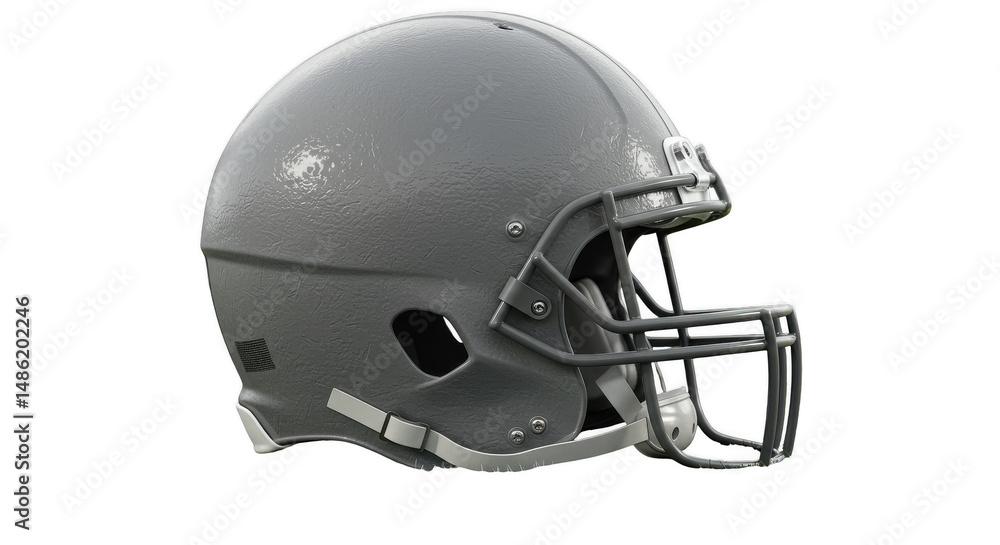 Fototapeta premium Gray football helmet with face mask against a black background, lit from the side