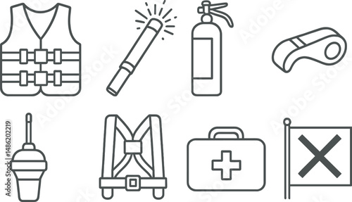 Yacht safety gear outline icons set – marine, nautical and maritime safety symbols