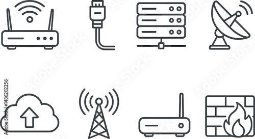 Networking technology silhouette icons set – connection, communication and device symbols