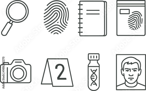 Crime investigation outline icons set – forensic, detective and mystery symbols