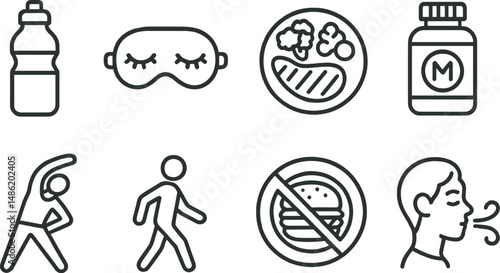 Healthy habits outline icons set – wellness, lifestyle and daily routine symbols