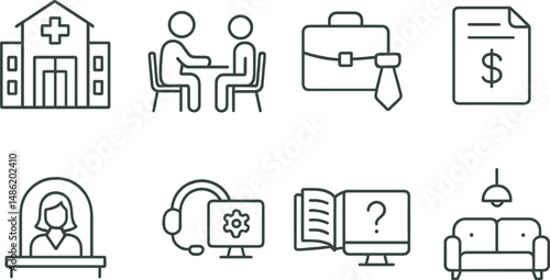 University services outline icons set – campus, education, academic resources symbols