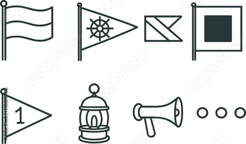 Maritime signal line icons set – outline, nautical and sea communication symbols
