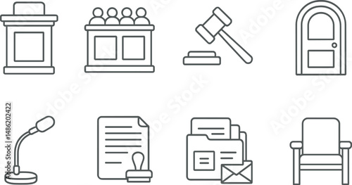 Courtroom and legal outline icons set – silhouette, justice and law symbols