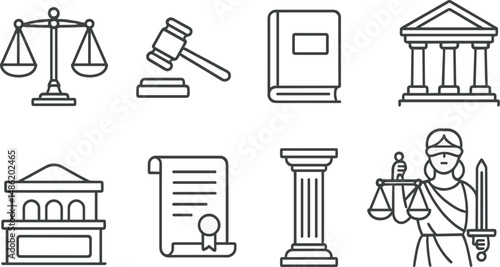 Justice and legal line icons set – outline, law and courtroom symbols