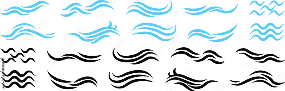 Obraz premium Art line set of Wave icon. Flat and simple wave vector. Abstract Wave beach symbol or logo design collection. Set of wavy zigzag lines. Wave Blue vector design elements. 