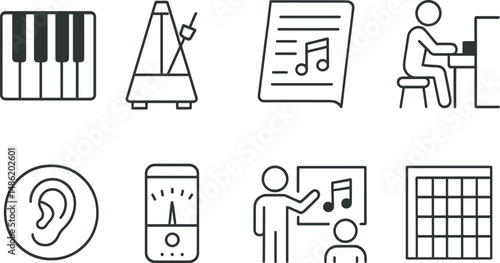 Music practice outline icons set – simple, compose and essentials graphic elements
