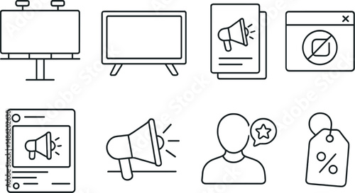 Advertising and media linear icons set – simple, marketing and promotion symbols
