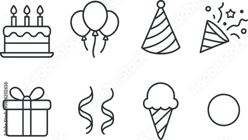 Birthday party silhouette icons set – celebration, simple and festive symbols