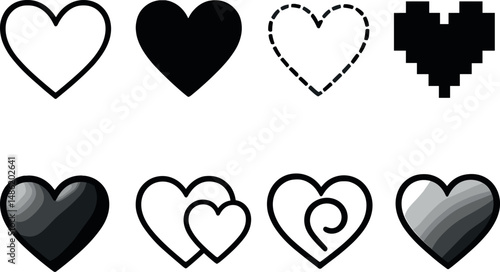 Heart icons set – silhouette, love and romance symbols for designs