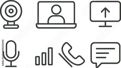 Video call interface icons set – outline, virtual meeting and communication symbols
