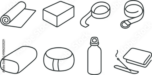 Yoga equipment outline icons set – fitness, wellness, and meditation symbols