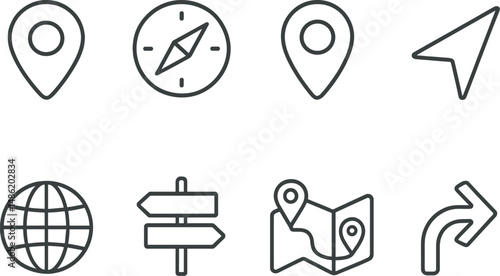 Minimalist navigation silhouette icons set – simple directional and location symbols