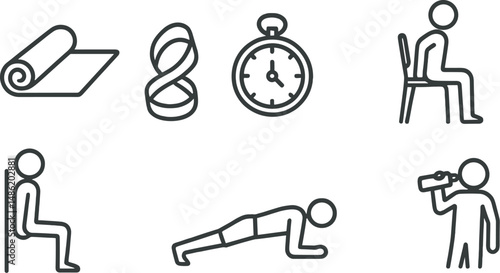 Home workout outline icons set – fitness, exercise and simple activity symbols
