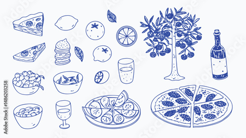 Hand drawn Italian Summer Vacation Food Set Delicious Illustrations of Pasta Pizza and Gelato