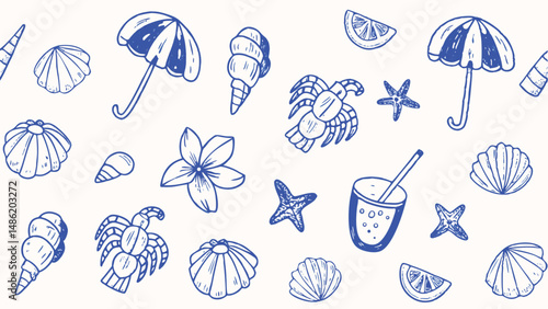 Hand drawn Italian Summer Vacation Seamless Pattern Vibrant Doodles of Sun Sea and Citrus Fruits