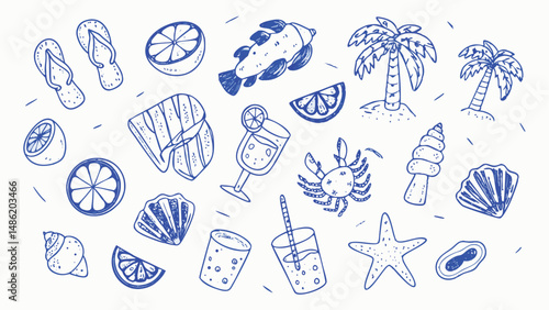 Hand drawn Mediterranean Summer Vacation Illustration Set Sun Sea and Relaxation Elements