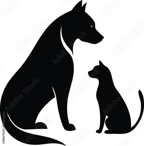 A black canine looks attentively at a feline companion who sits next to it
