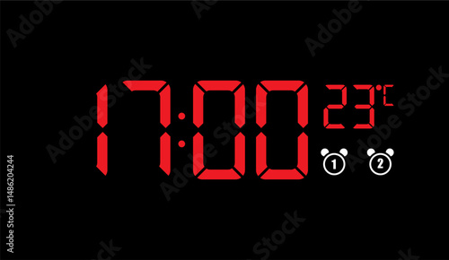Digital Red Clock Displaying 17:00 with Temperature and Alarm Icons on Black Backdrop, Accurate Time, Enhanced Clarity, and Bold Numerals for Immediate Readability