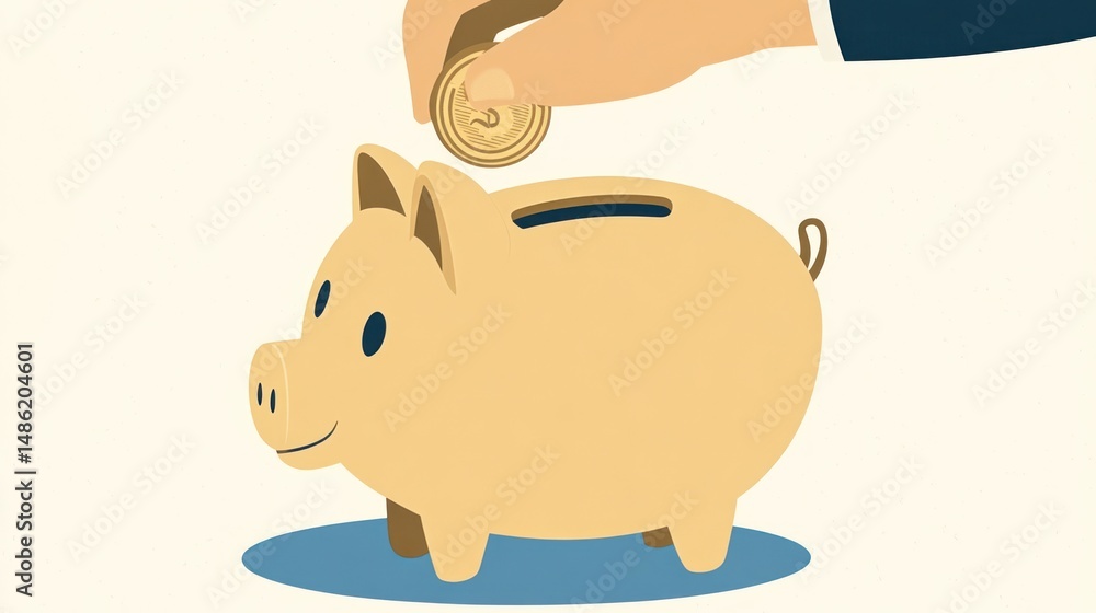 Fototapeta premium Hand putting a coin into a piggy bank