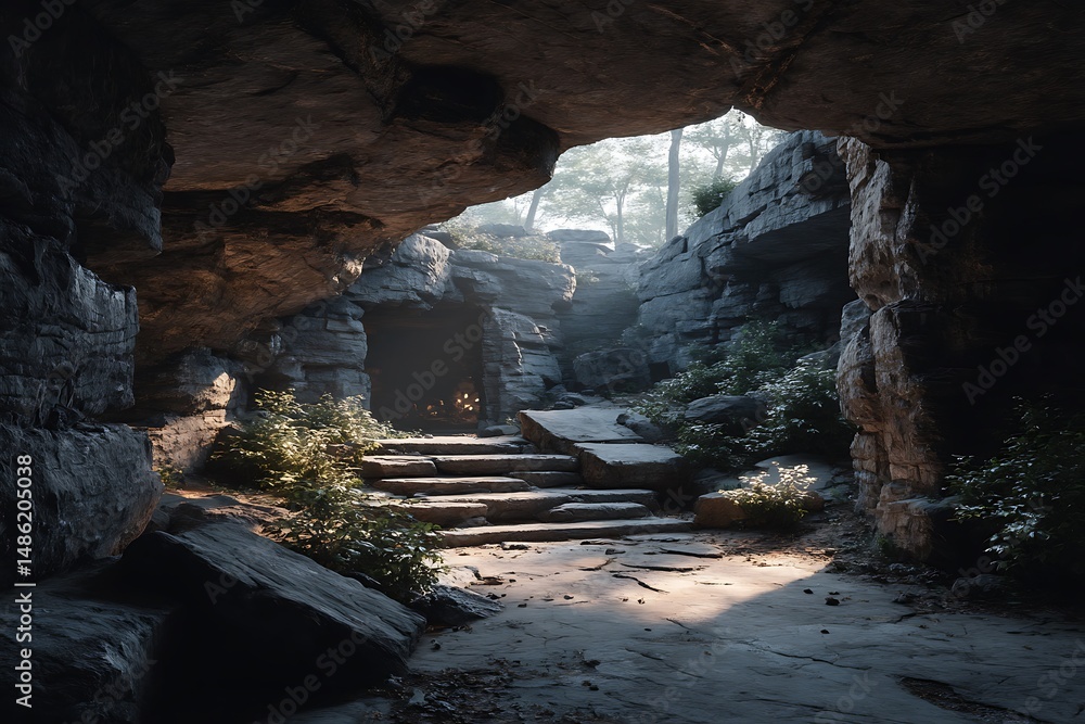 Obraz premium Steps toward an ancient rock cave