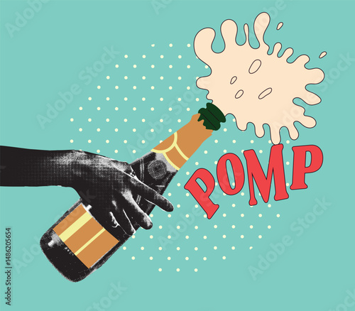 Opening champagne bottles.Trendy collage art. Alcoholic drinks, wine and restaurants. Drink. Explosion. Design for poster, banner or greeting card. Vector Pop art retro illustration.