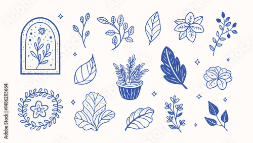 Hand drawn botanical elements leaves flowers and stems for nature themed designs perfect for invitations cards and branding projects